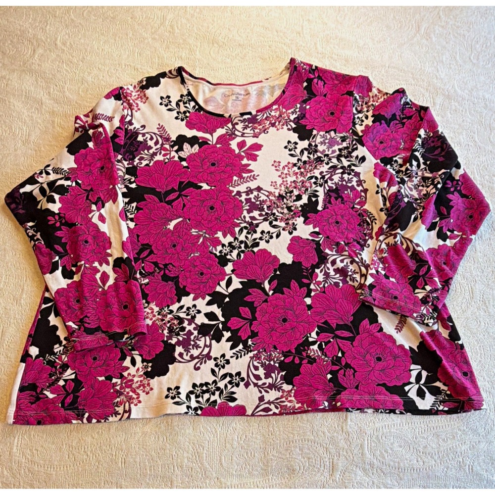 Croft & Barrow Women’s Plus 3X Pink Black White Floral Crew Neck Cotton Tee